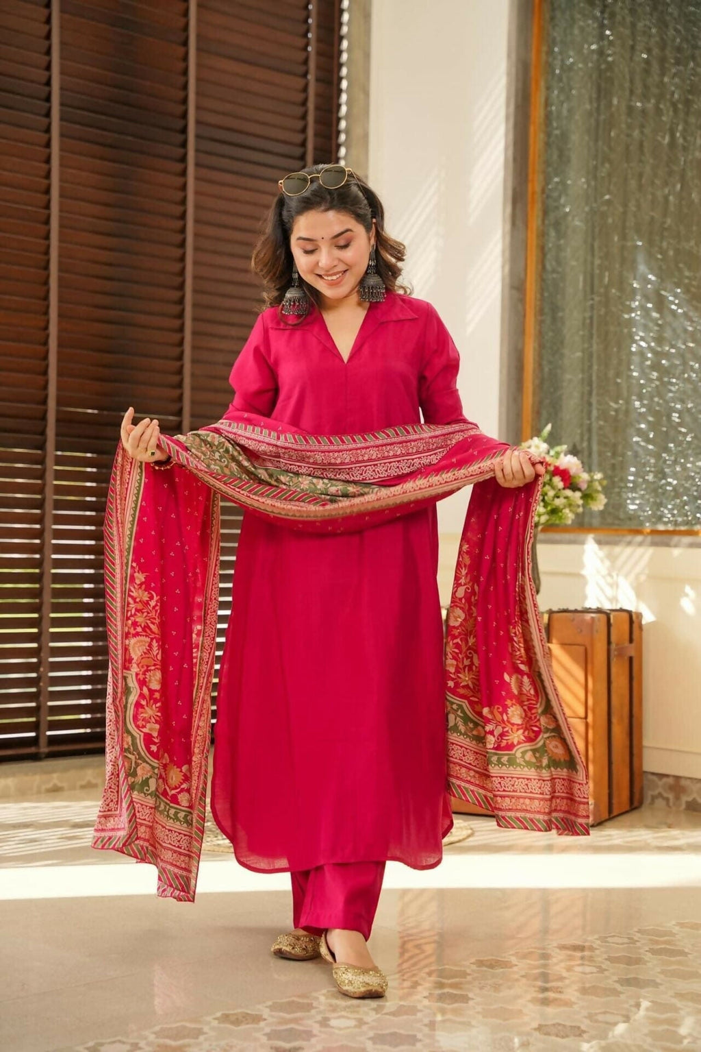 The52 Rani Women's Beautiful South Cotton Fabric Straight Kurta with Pant And Dupatta Set