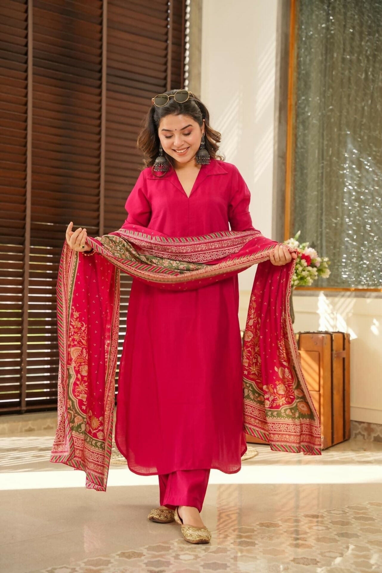 The52 Rani Women's Beautiful South Cotton Fabric Straight Kurta with Pant And Dupatta Set