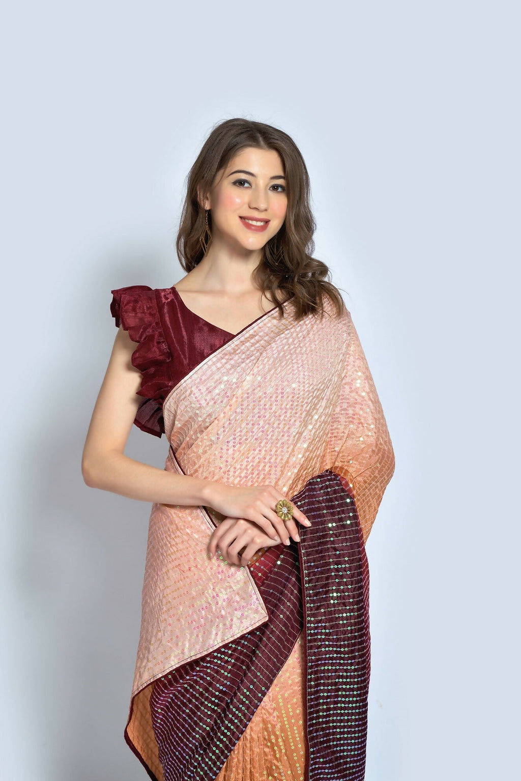 Vegaa Fashion Brown Vichitra Silk Embroidered Party Wear Saree