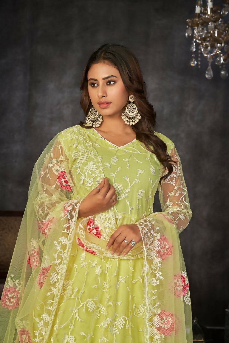 Jyoti Fashion Women's Pista Net Embroidered Anarkali Kurta Pant Set With Dupatta