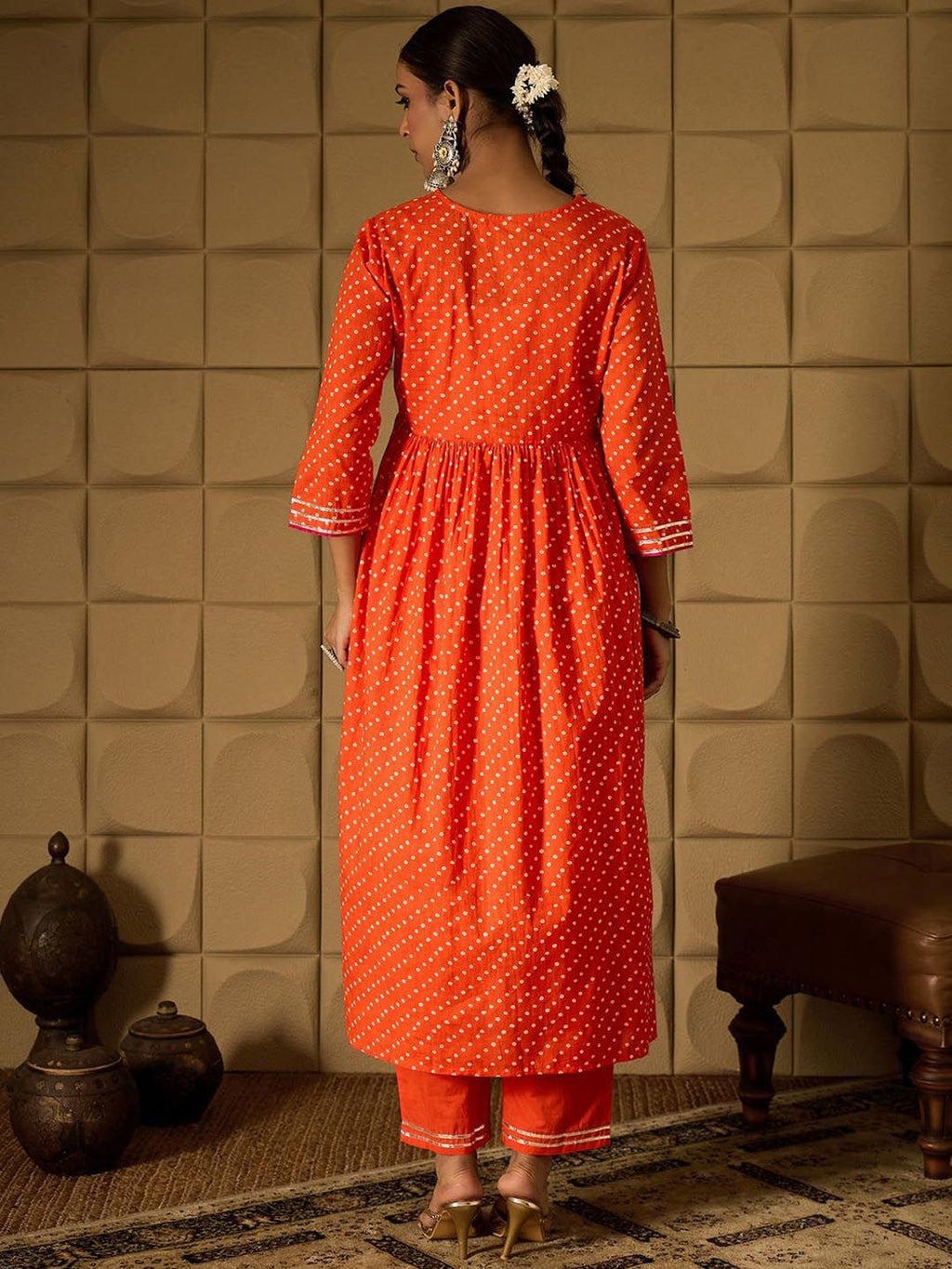 Indo Era Bandhani Embroidered Empire Sequined A-Line Pure Cotton Kurta With Trousers