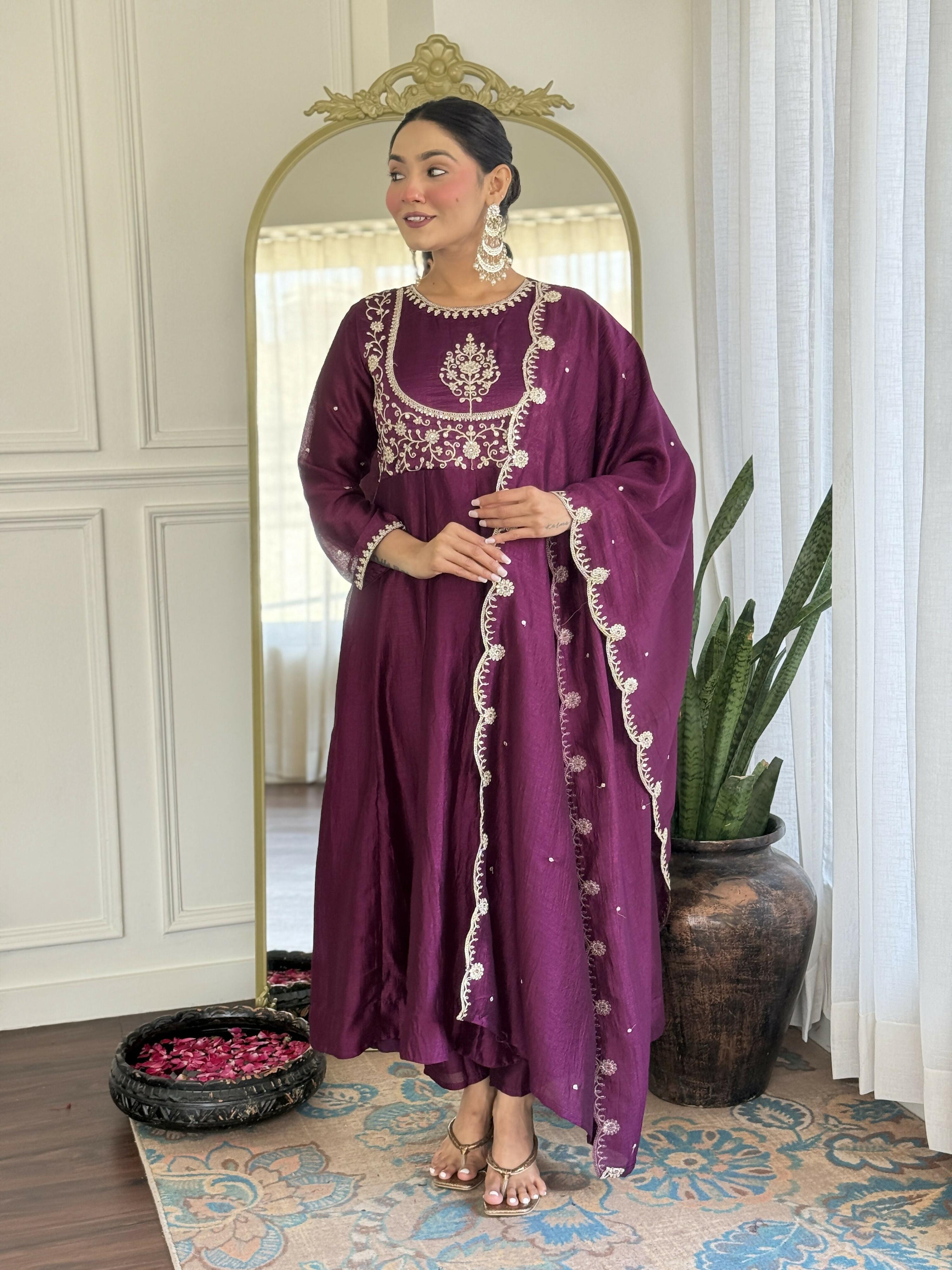 The52 Purple Women's Gorgeous Embroidered Vichitra Silk Fabric Flared Kurta Pant with Dupatta Set