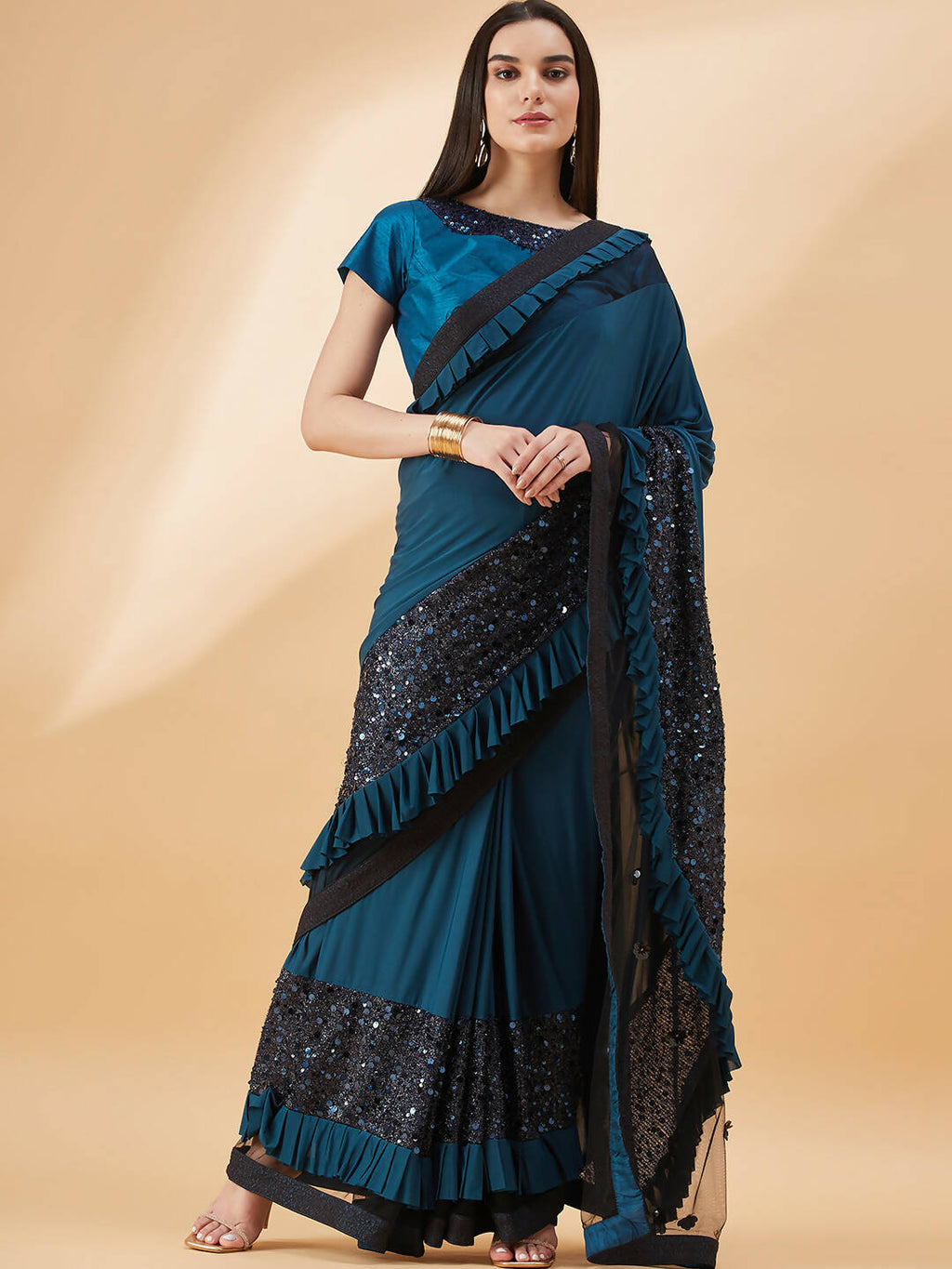 Peacock Blue Lycra Sequins Fabric. Frill Details, Handwork Buttis Saree - Norita Hit Design