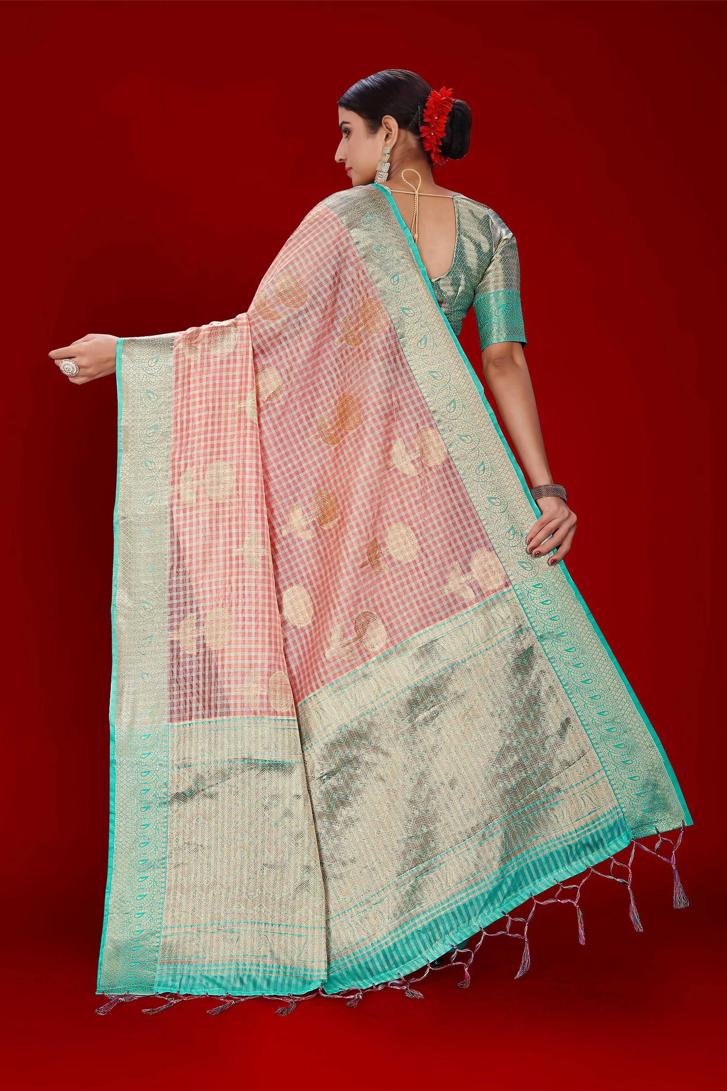 Pink Soft Organza Woven Design Saree With Unstitched Blouse Piece - Zaara