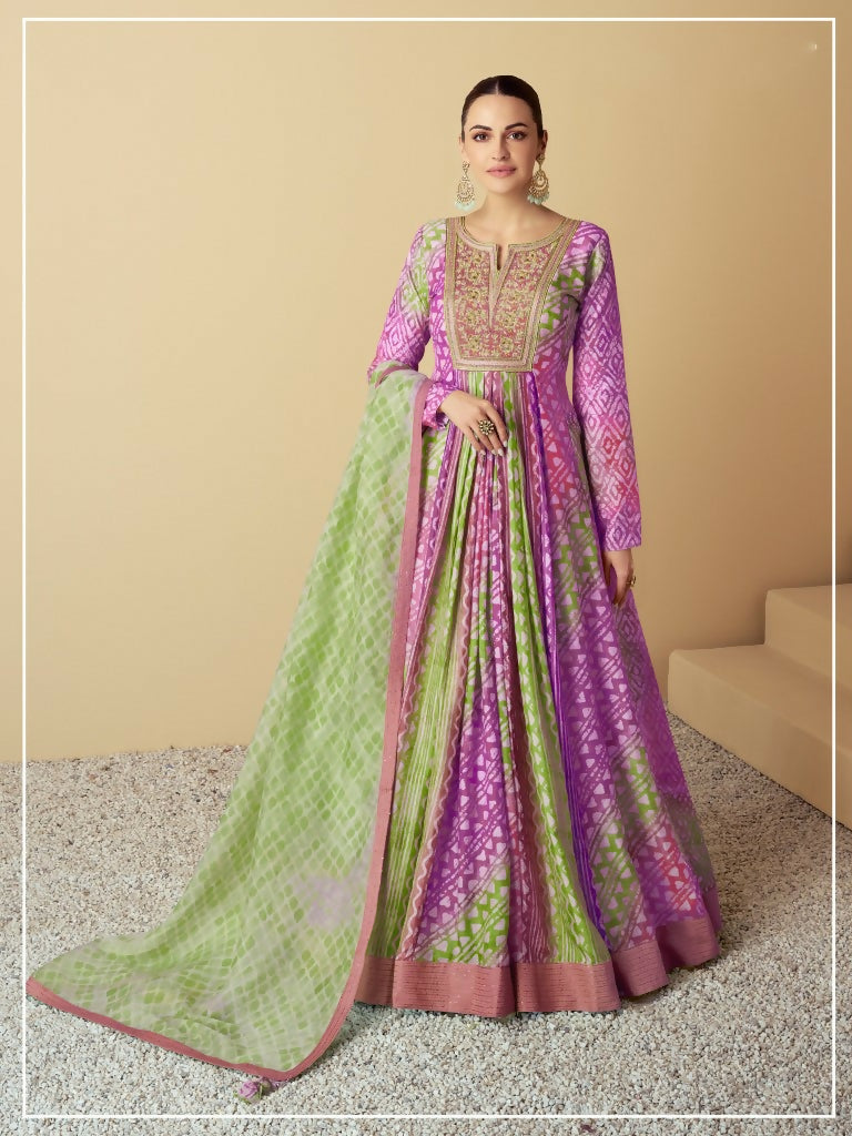 Vastranavya Lavender Muslin Printed Sequins Beads Work Abaya Style Anarkali Suit