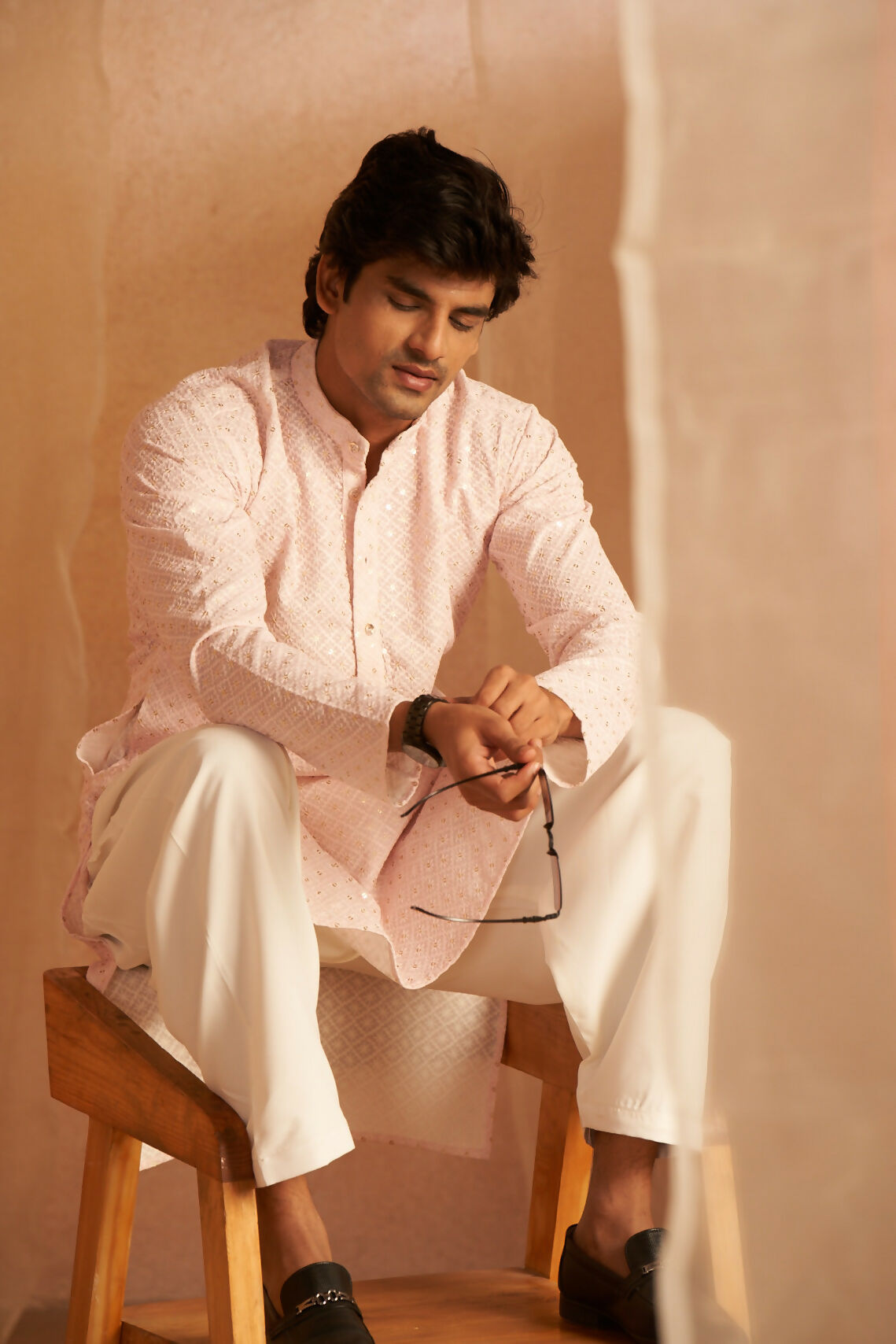 Pink Viscose Chikankari Embroidery Work Men's Kurta Set - Mahotsav