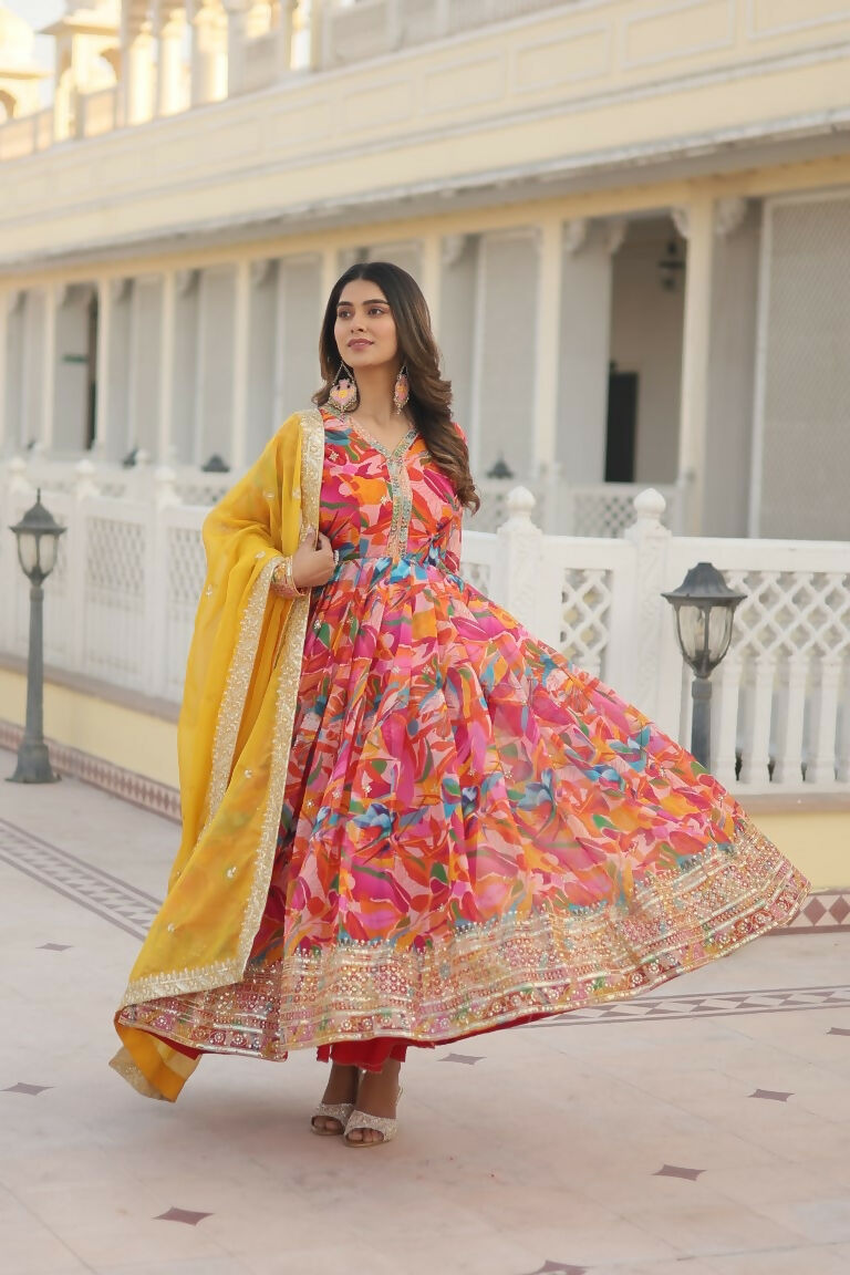 Jyoti Fashion Women's Pink Russian Silk Sequins Zari Embroideredy Anarkali Dress with Dupatta
