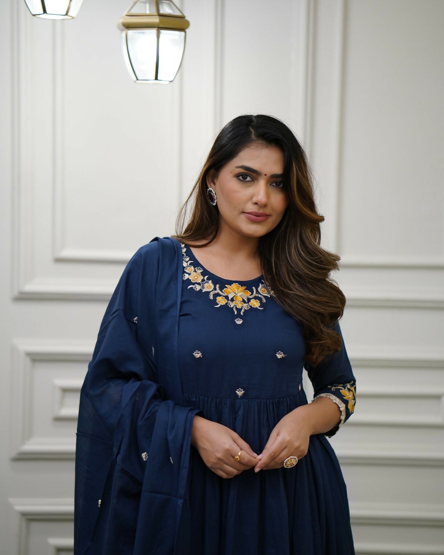 The52 Blue Women's Gorgeous Viscose Fabric Embroidered Work Flared Kurta Pant and Dupatta Set
