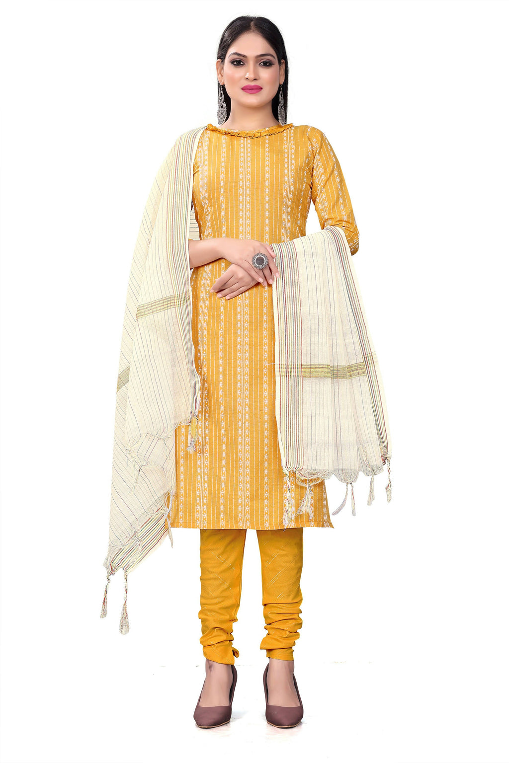 Mustard Cotton Jacquard Woven Unstitched Dress Material - Amara