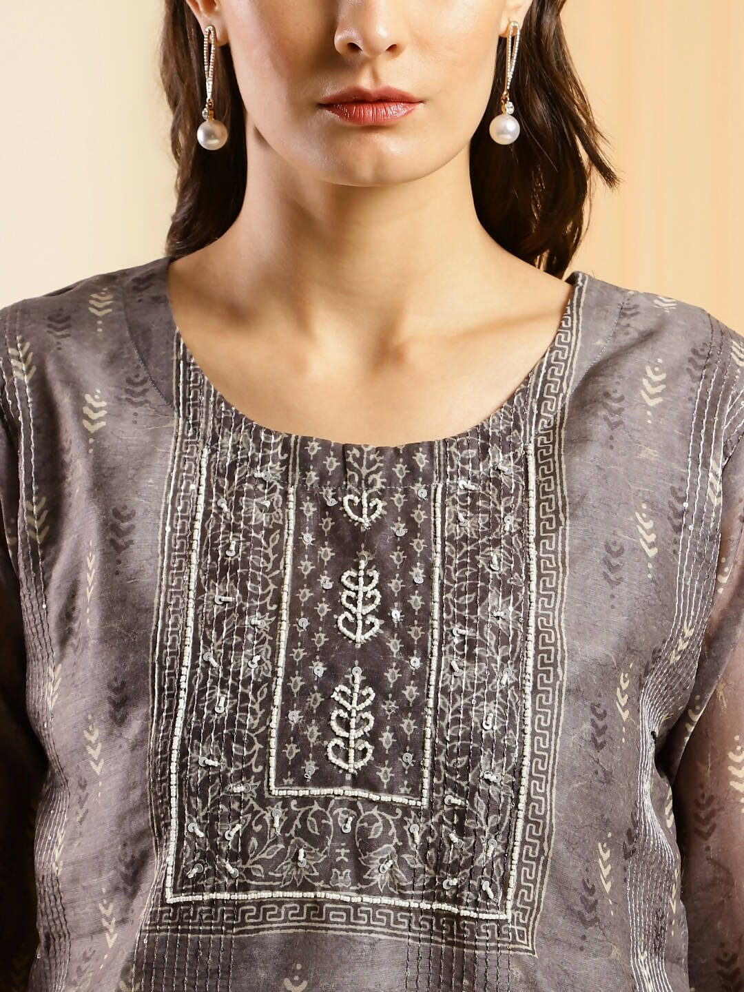 Grey Chinon Digital Printed With Hand Work Kurta - Himanshi