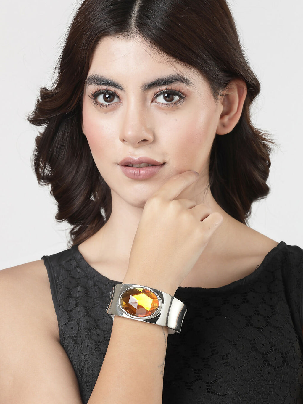 NVR Women Silver-Toned Topaz Rhodium-Plated Kada Bracelet