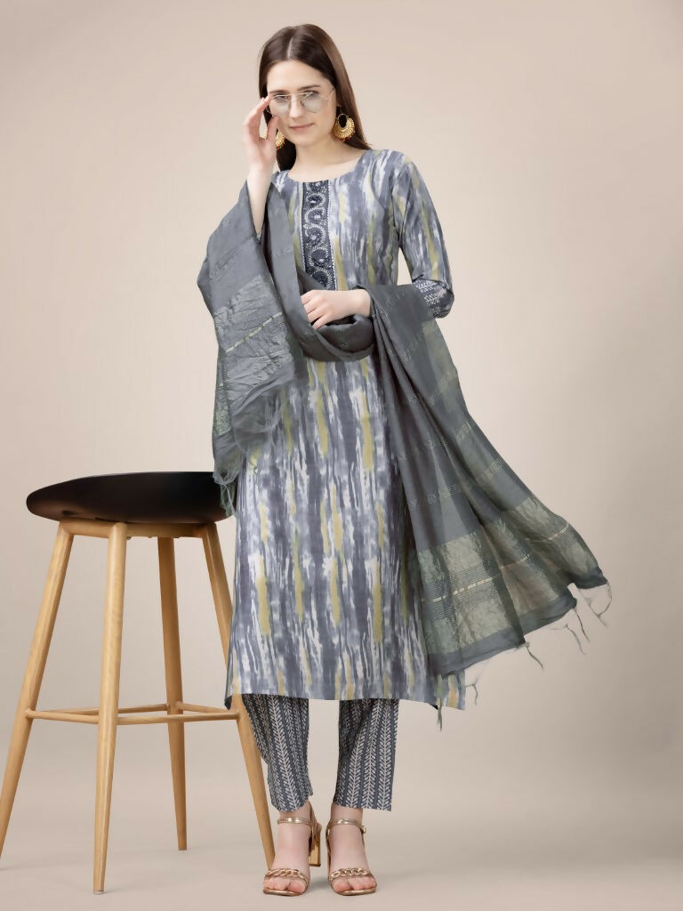Jyoti Fashion Women's Grey Rayon Print with Embroidery & Fancy Lace Work Kurta with Trouser & Dupatta