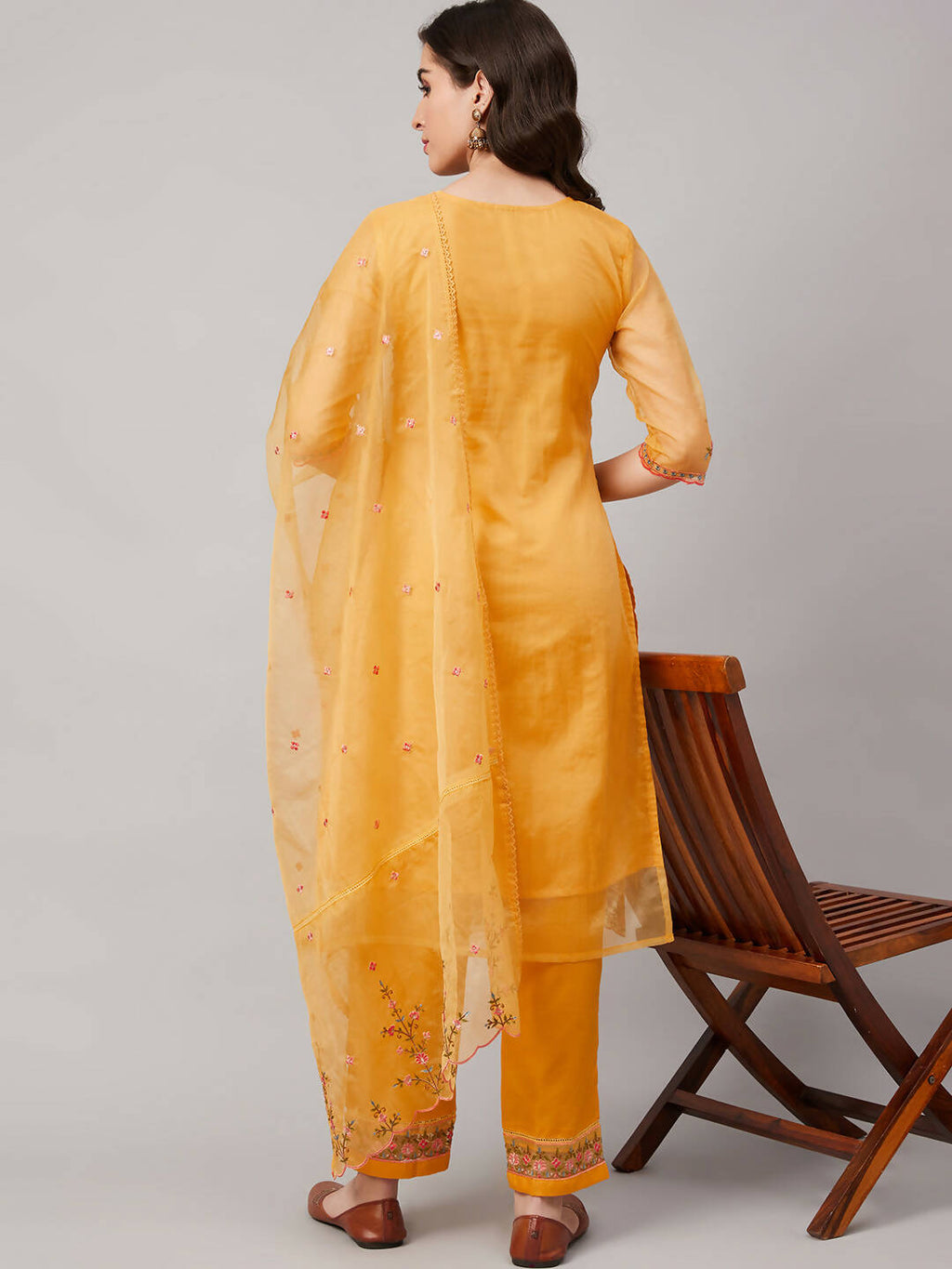 Yellow Organza Embroidered Kurta with Bottom & Dupatta - Salimar