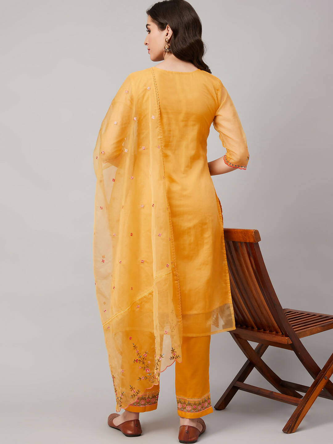 Yellow Organza Embroidered Kurta with Bottom & Dupatta - Salimar