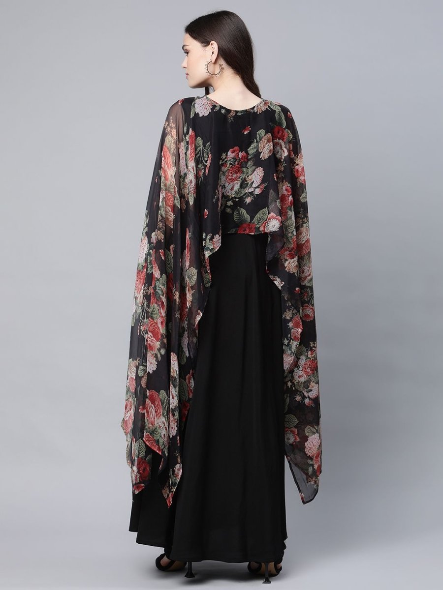 Ahalyaa Women Black Crepe Dress With Attached Dupatta