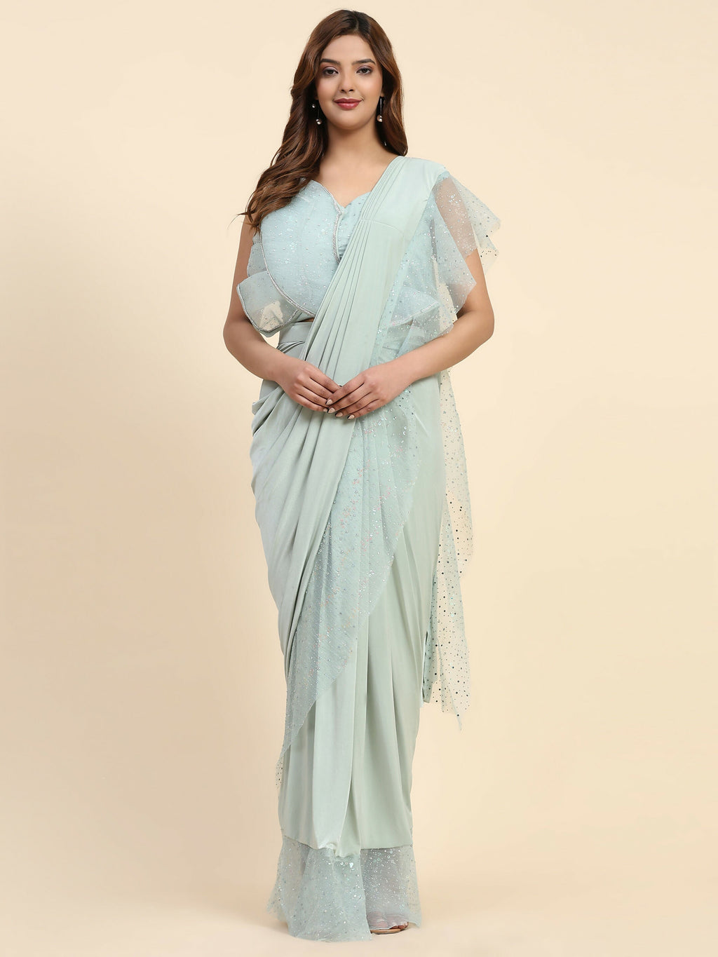 Light Blue Lycra Solid Ready to Wear Saree with stitched Blouse - Nita