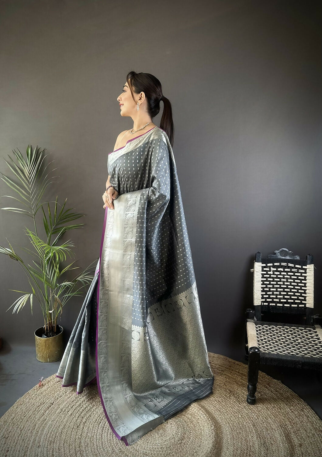 Joban Fashion Grey Small Butti Banarasi Silk Sarees