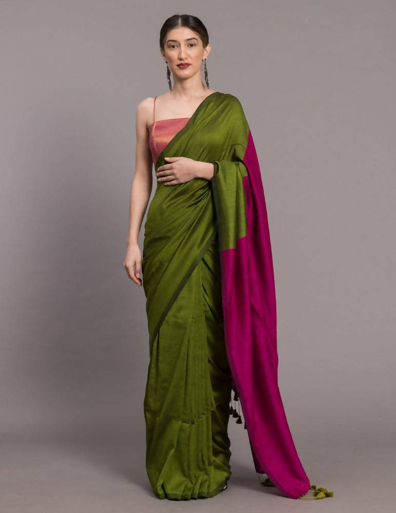 Suta Green Pink Colourblocked Saree