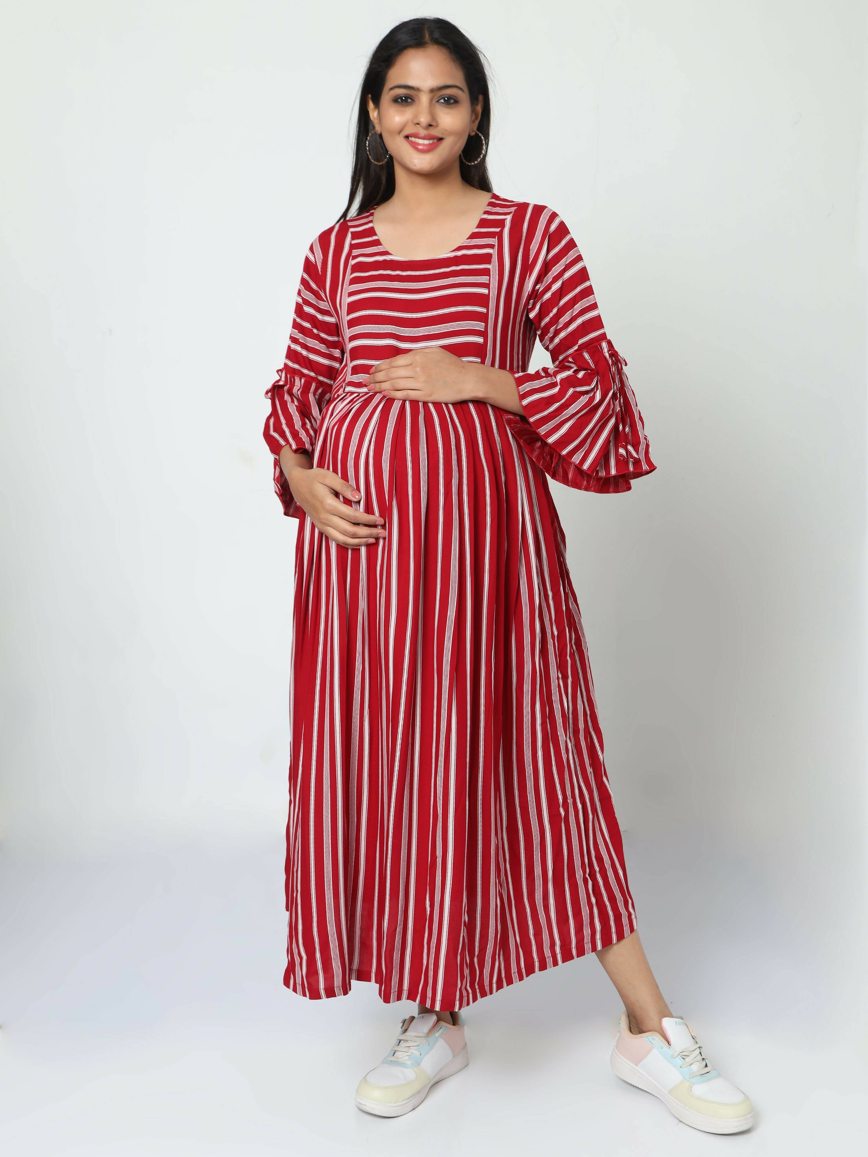 Manet Three Fourth Maternity Dress With Concealed Zipper Nursing Access - Red