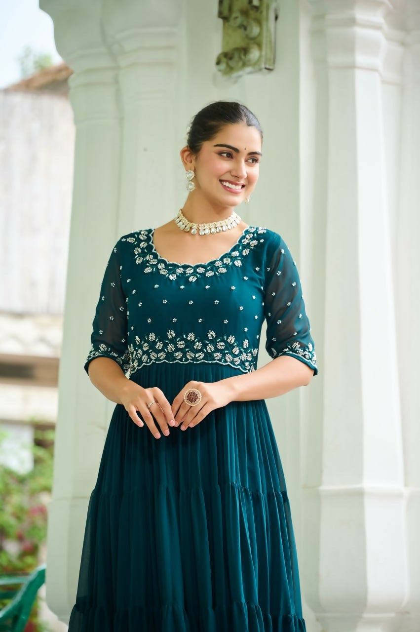 Teeya Creation Rama Color Faux Georgette Hand Embroidery Work Party Wear Gown