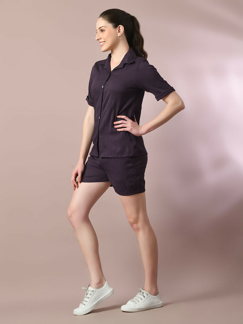 Myshka Women's Violet Solid Shirt Collar Party Shirt With Shorts Co-ord set