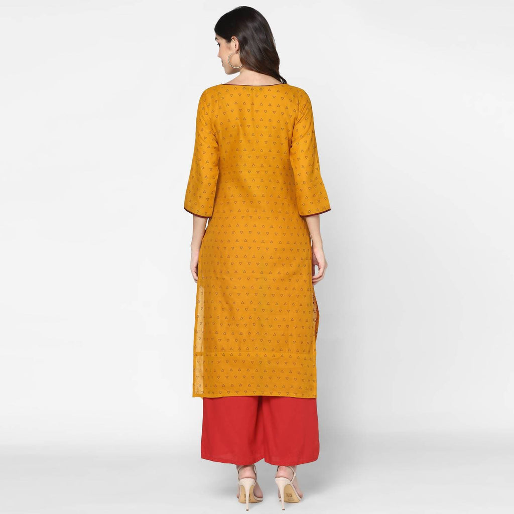 Cheera Hand Block Print Mustard & Red Straight Kurta With Palazzo (MAAI-071K)