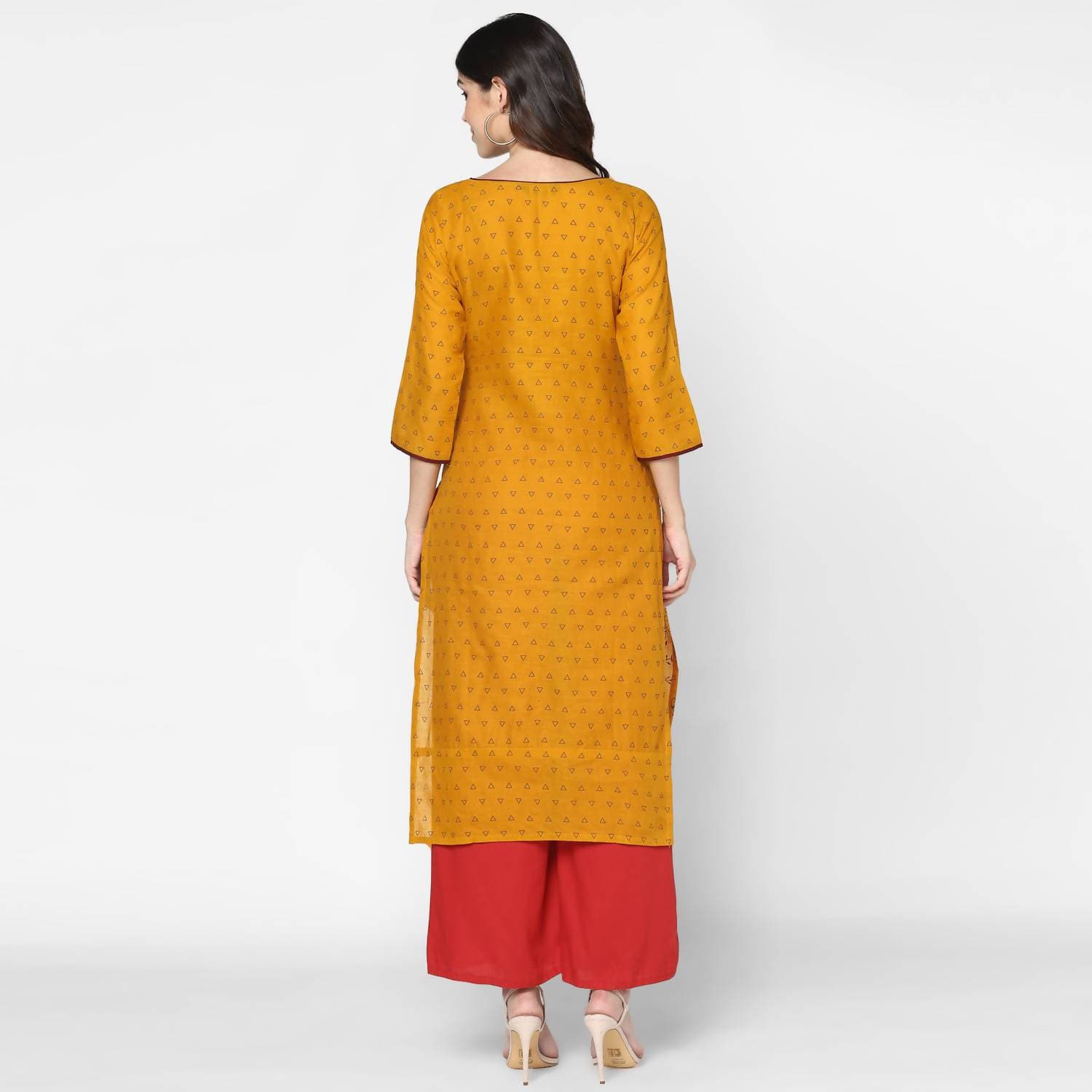 Cheera Hand Block Print Mustard & Red Straight Kurta With Palazzo (MAAI-071K)