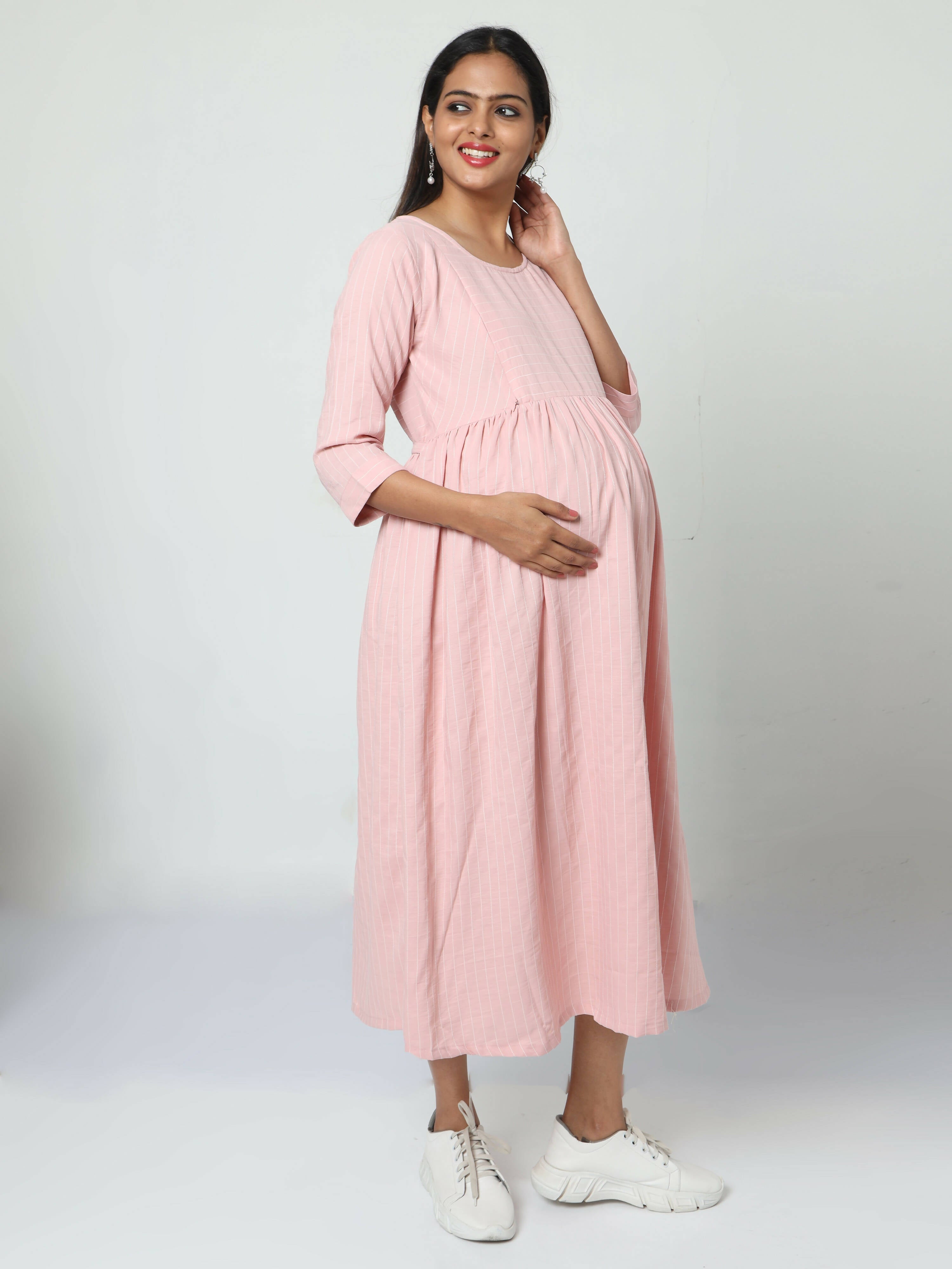 Manet Three Fourth Maternity Dress Striped With Concealed Zipper Nursing Access - Baby Pink
