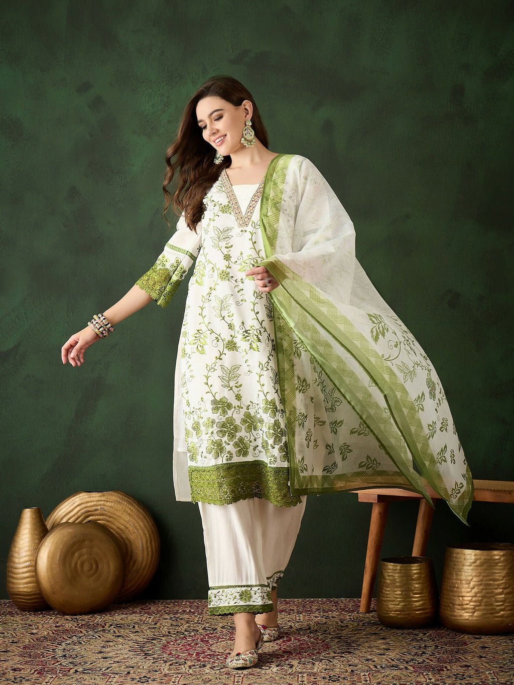 Green & White Roman Silk Embroidered Kurta With Trouser & Dupatta - Bhumi