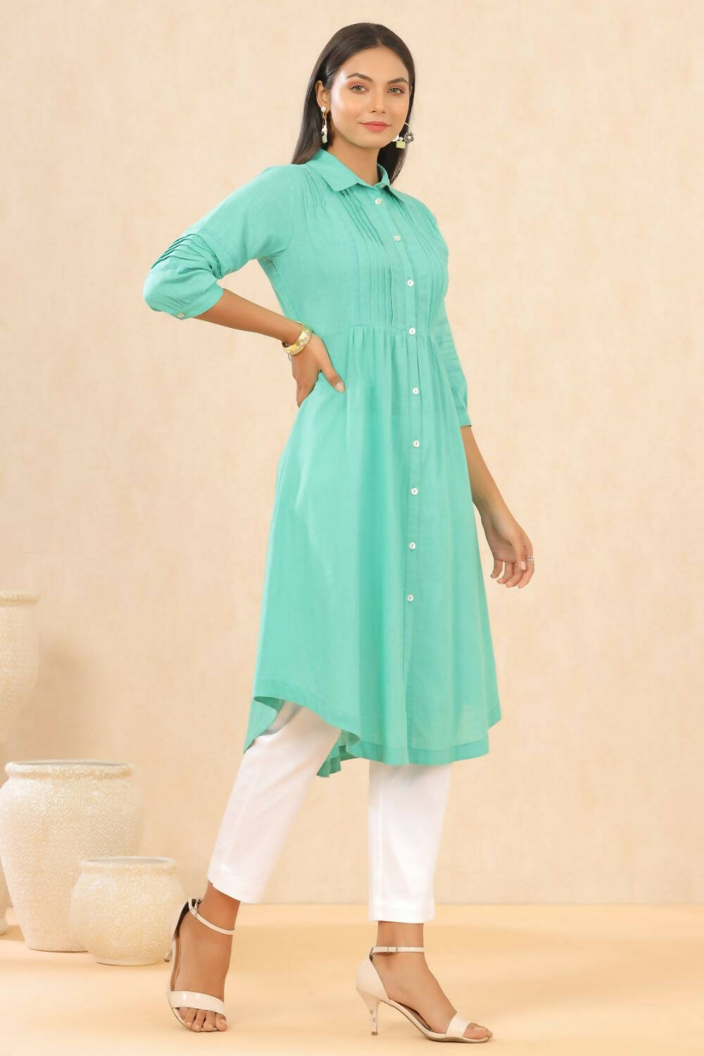 Juniper Womens Blush Turquoise Cotton Slub Solid Mid Length Shirt Dress With Lace Detailing