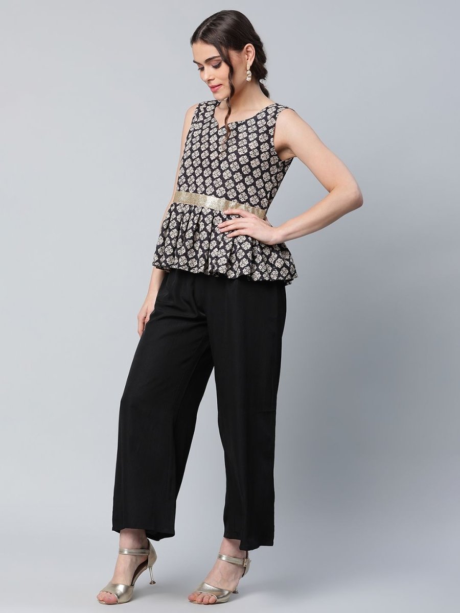 Ahalyaa Women Black Crepe Digital Printed Top with Palazzo Set