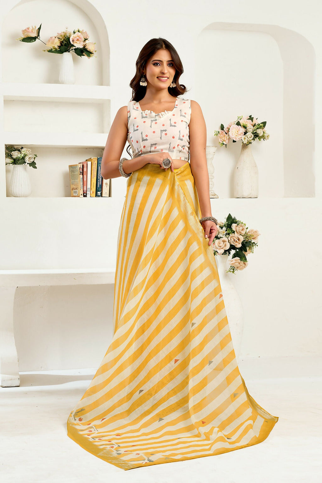 Vastranavya Yellow White Digital Printed Linen Ready To Wear Designer Saree with Unstitched Blouse