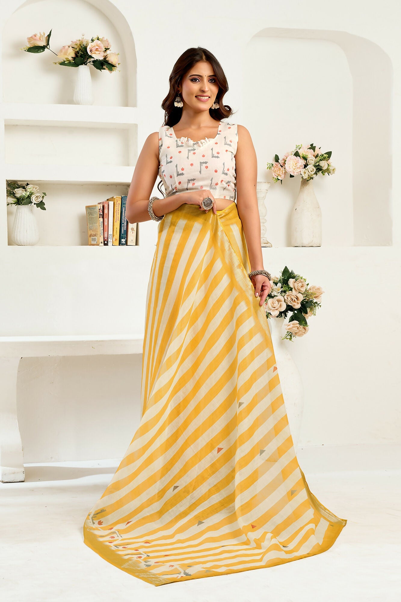 Vastranavya Yellow White Digital Printed Linen Ready To Wear Designer Saree with Unstitched Blouse