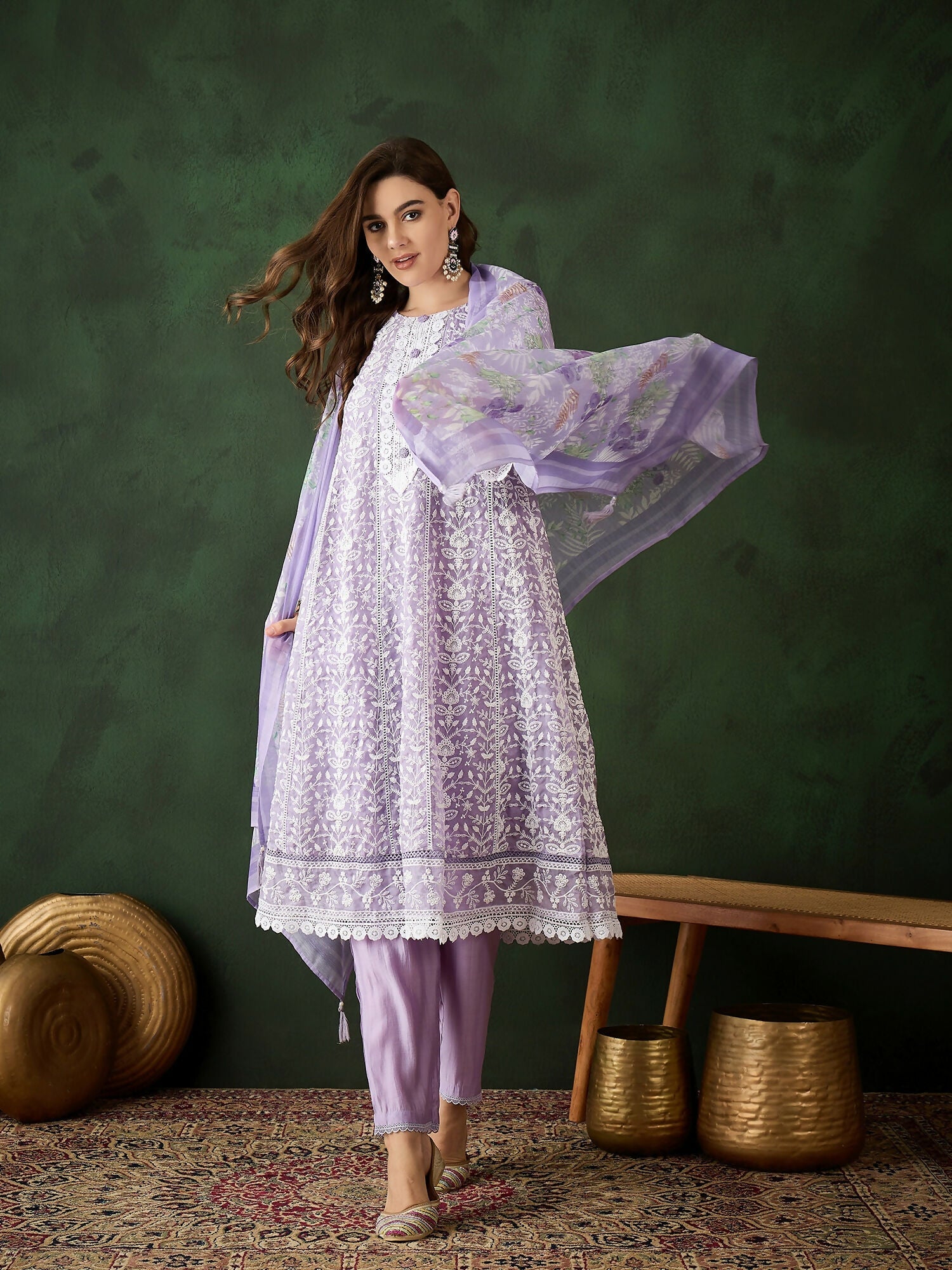 Lavender Crystal Organza schiffli embroidery Kurta With Trouser & Dupatta - Bhumi