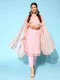 Ahalyaa Women Pastel Pink Colour Organza Glitter Printed Kurta Pant Set With Dupatta