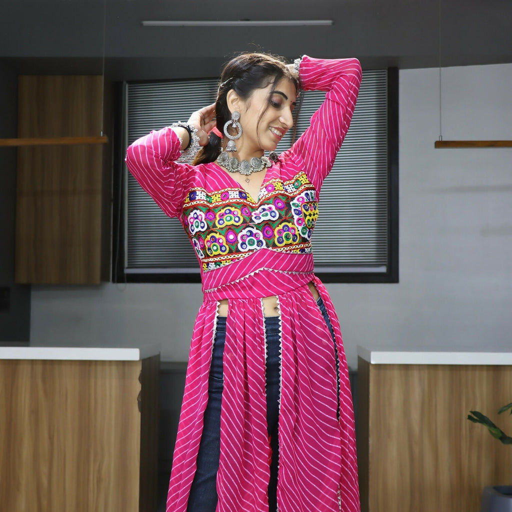 Vastranavya Pink Navratri Special Kutchi Work with Gota Patti & Mirror Work Kurti