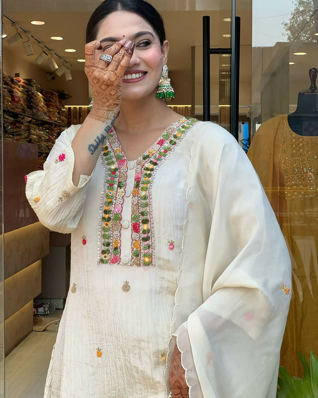 The52 Off White Women's Gorgeous Chinon Fabric Embroidered Work Straight Kurta Pant and Dupatta Set