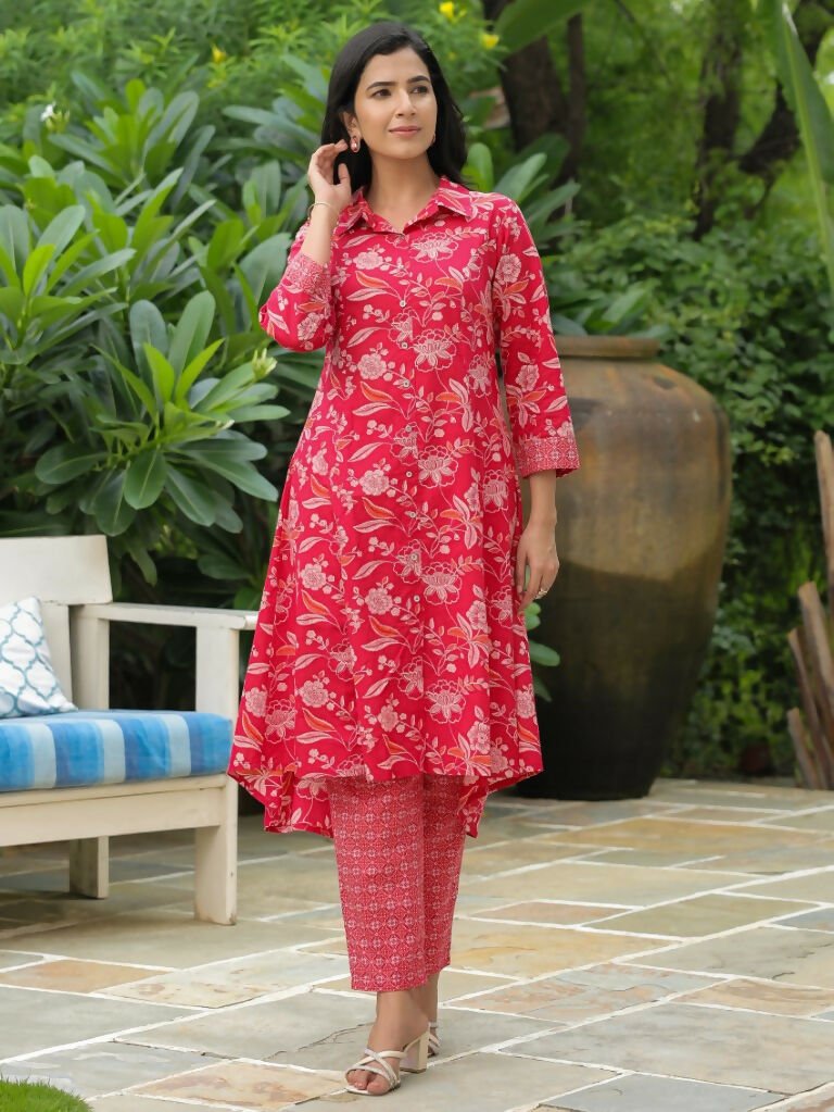 Aramya High Low Soft Cotton Floral Print Women's Kurta - Red