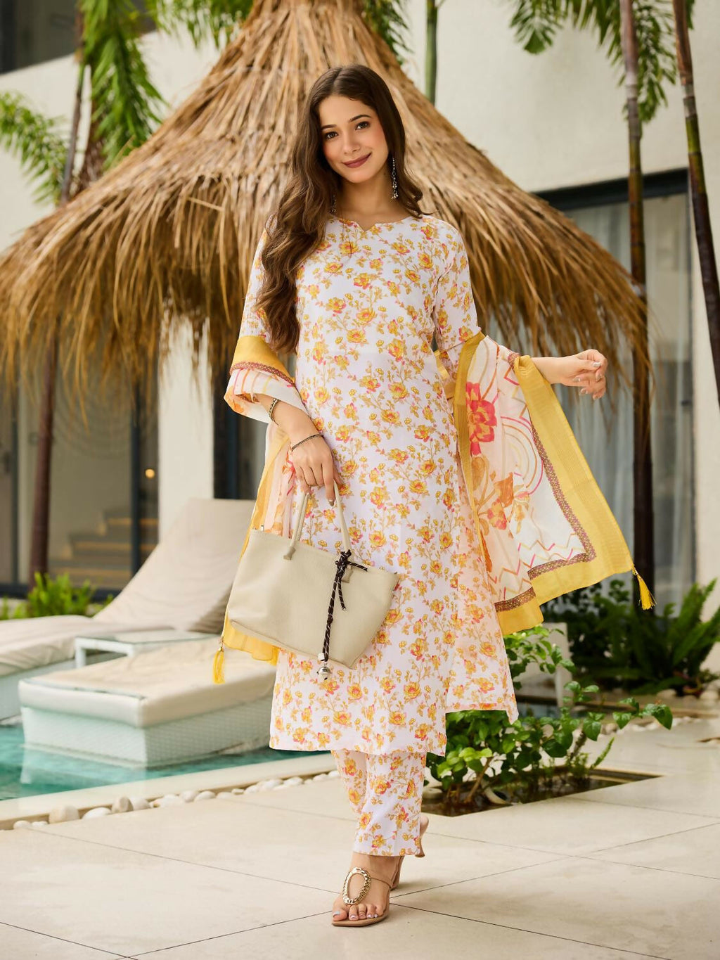 The52 Yellow Women's Beautiful Printed Silk Blend Fabric with Straight Kurta, Pant and Dupatta Set