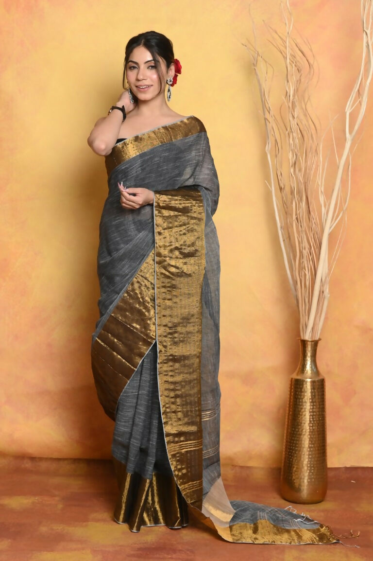 Very Much Indian Handloom Pure Cotton Linen Saree With Golden Border - Grey Gold