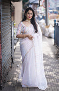 White Organza Thread Saree with Unstitched Blouse - Hiral Fashion