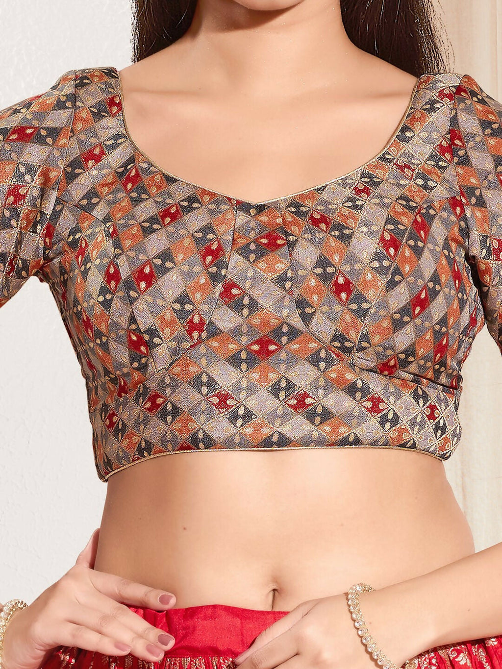 Joban Fashion Grey Jacquard Padded Blouse With Round Neck Elbow Sleeves