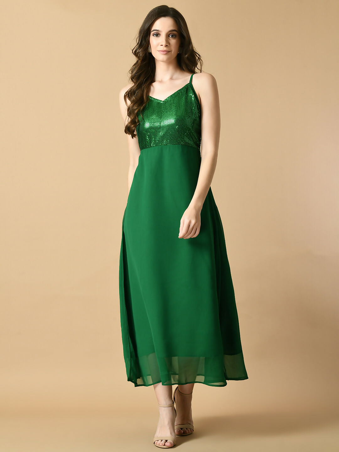 Myshka Women's Green Solid Georgette Party Dress