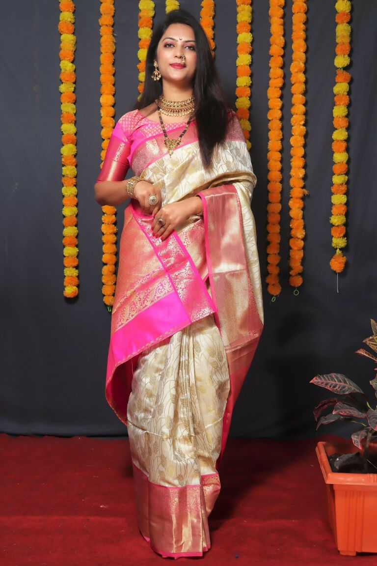 Jyoti Fashion Women's Off White Kanjivaram Silk Zari Woven Saree with Blouse