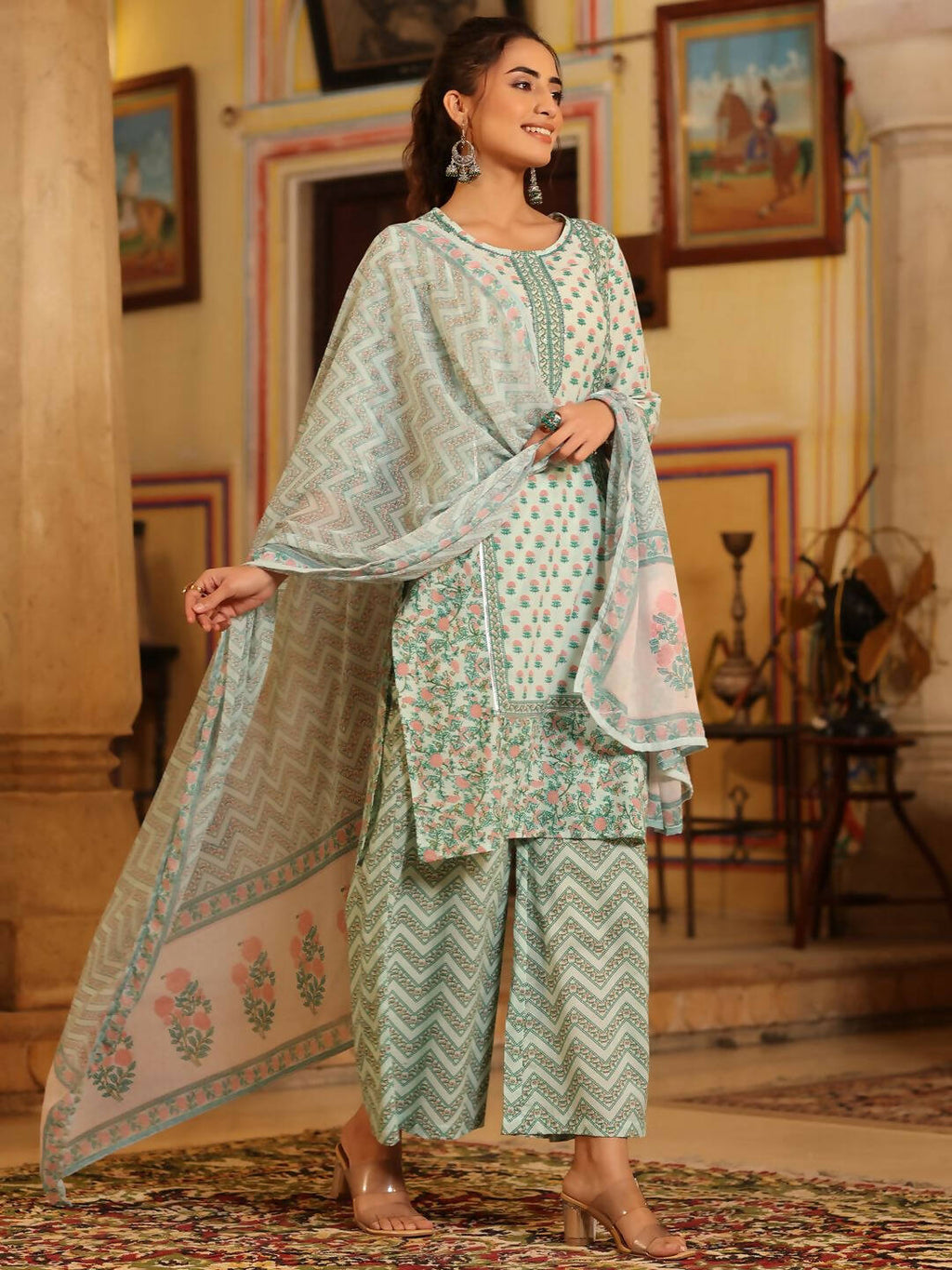 Juniper Women's Seagreen Cambric Floral Printed Kurta Palazzo Set