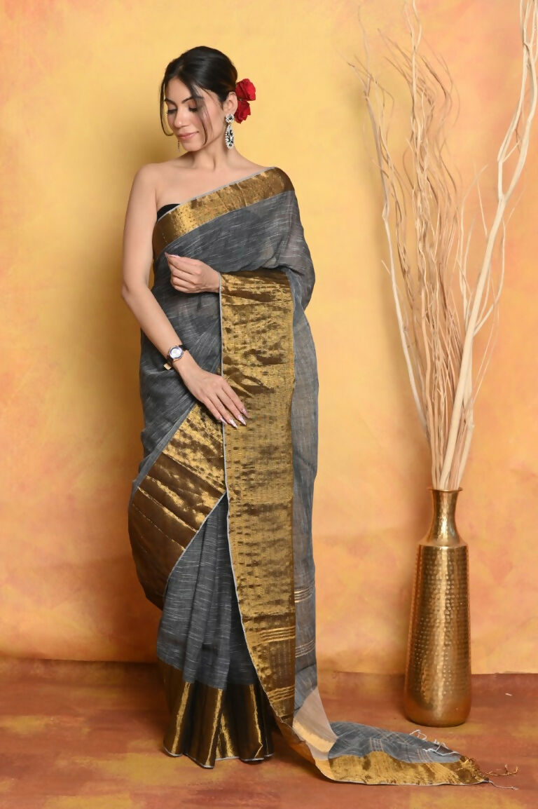 Very Much Indian Handloom Pure Cotton Linen Saree With Golden Border - Grey Gold