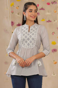 Juniper Women Grey Cotton Moss Embroidered A-Line Tunic
