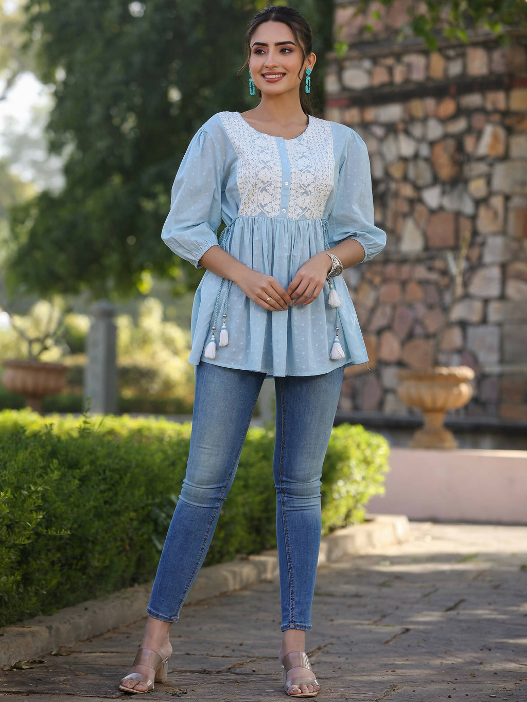 Juniper Women's Blue Cotton Dobby Solid With Embroidered Straight Tunic