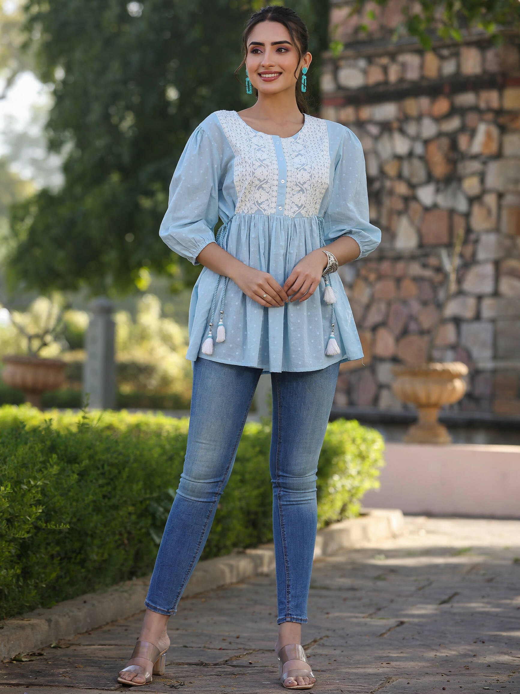 Juniper Women's Blue Cotton Dobby Solid With Embroidered Straight Tunic