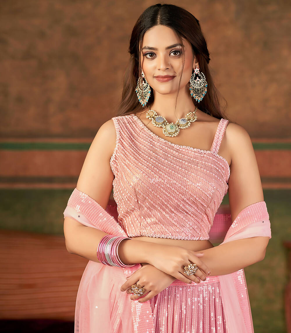 Wedding Designer Pink Nylon Georgette Readymade Lehenga Choli - Anbazaar